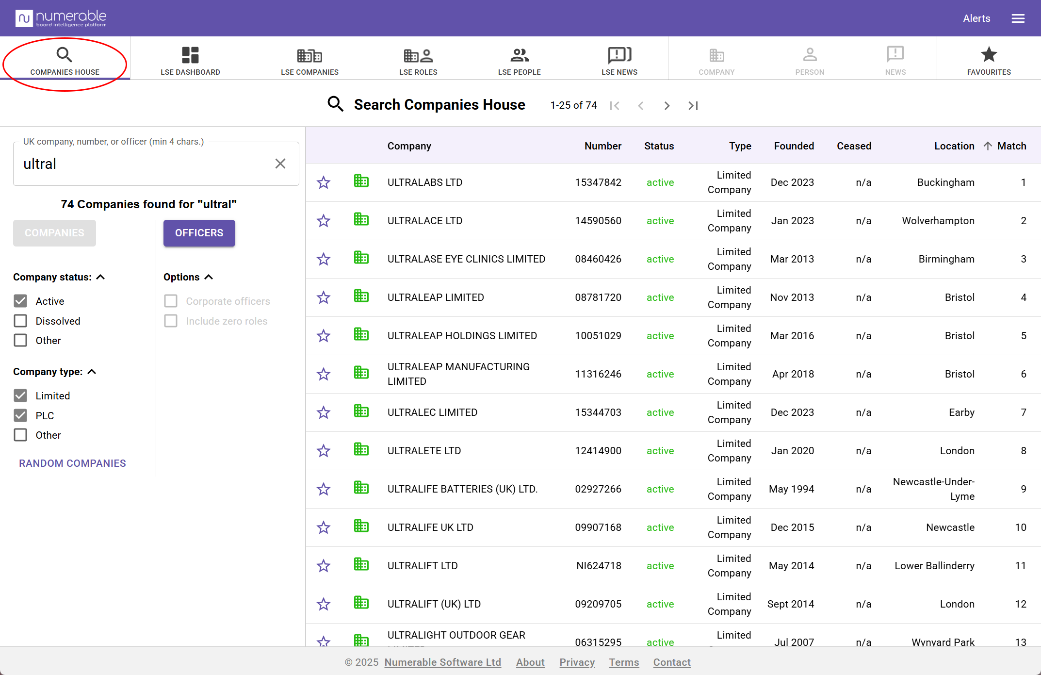 Companies House search page